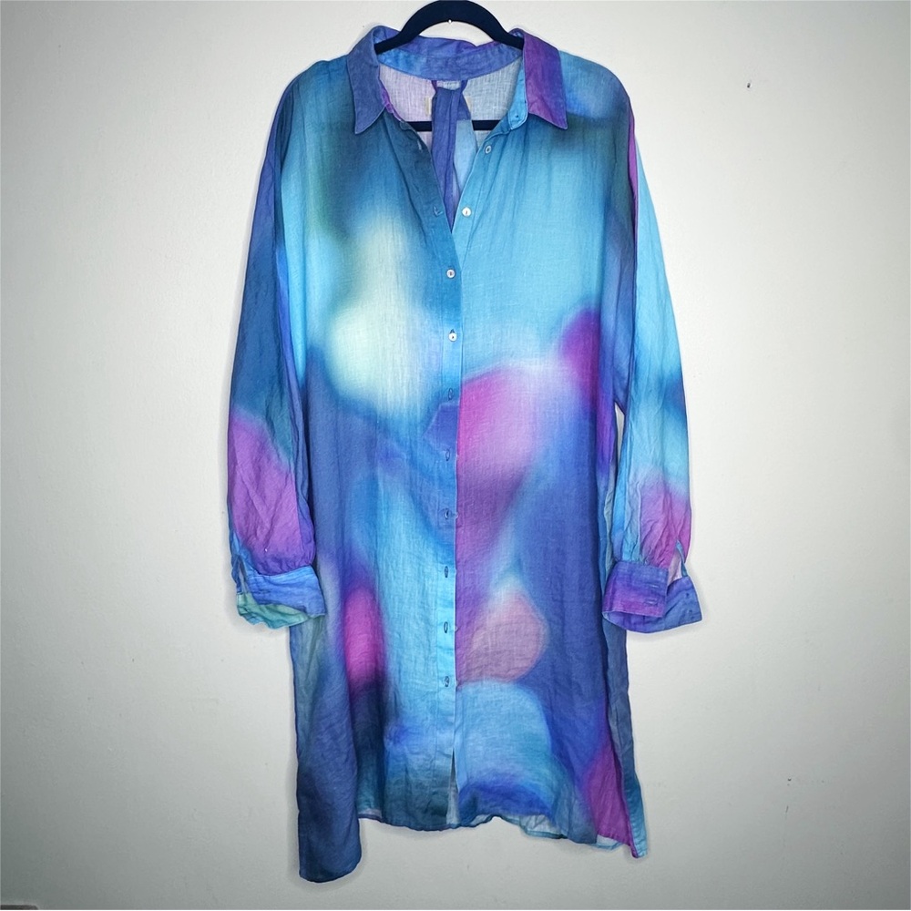 120% Lino Linen Button Front Dress Long Sleeve Vibrant Tie-Dye Blue size 48 IT